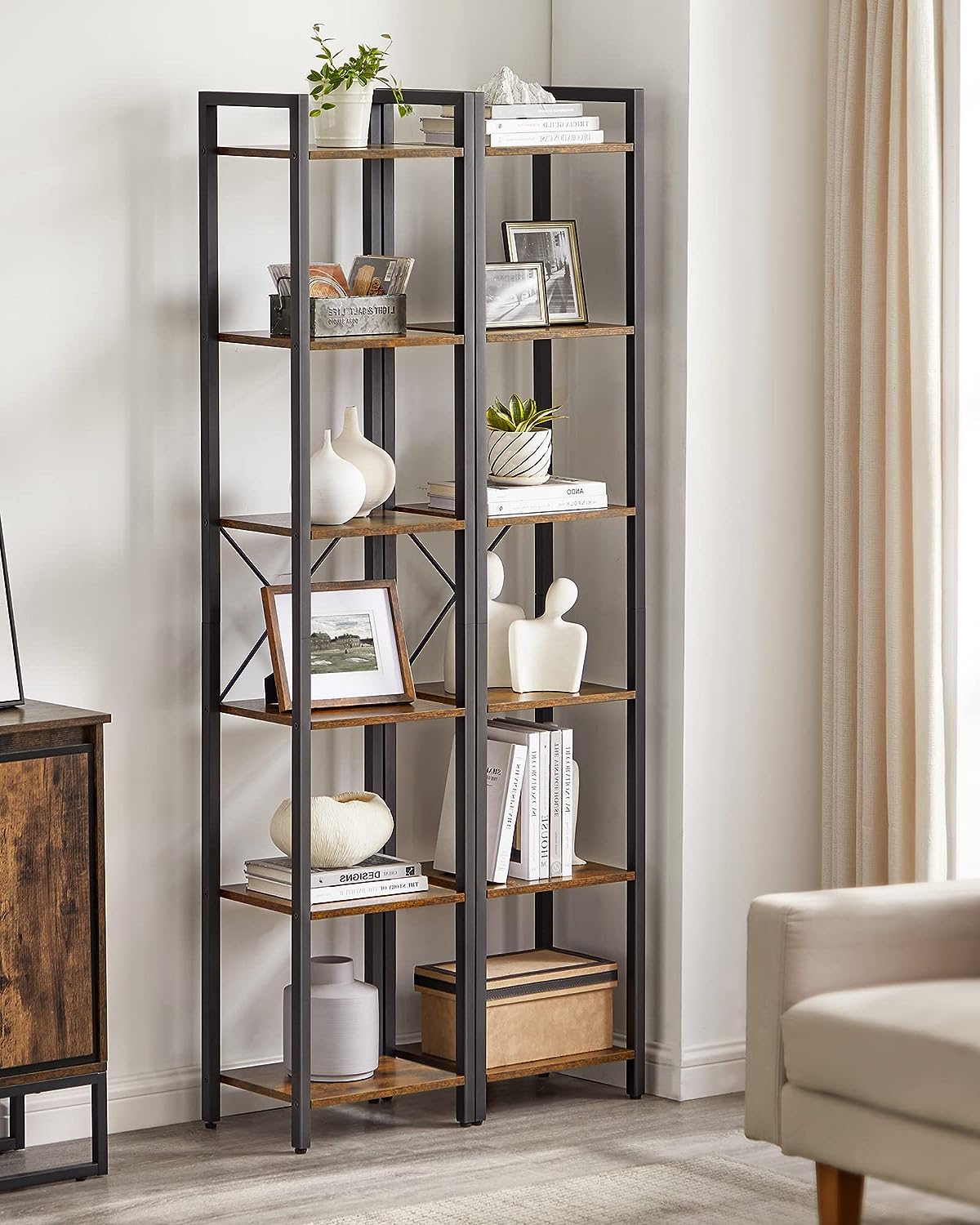 Small 6-Tier Industrial Bookshelf | Rustic Brown, Black