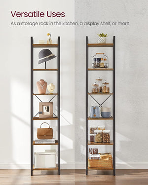 Small 6-Tier Industrial Bookshelf | Rustic Brown, Black