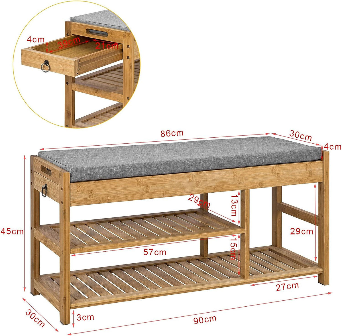 Bamboo Shoe Bench with Drawers | Lift Top