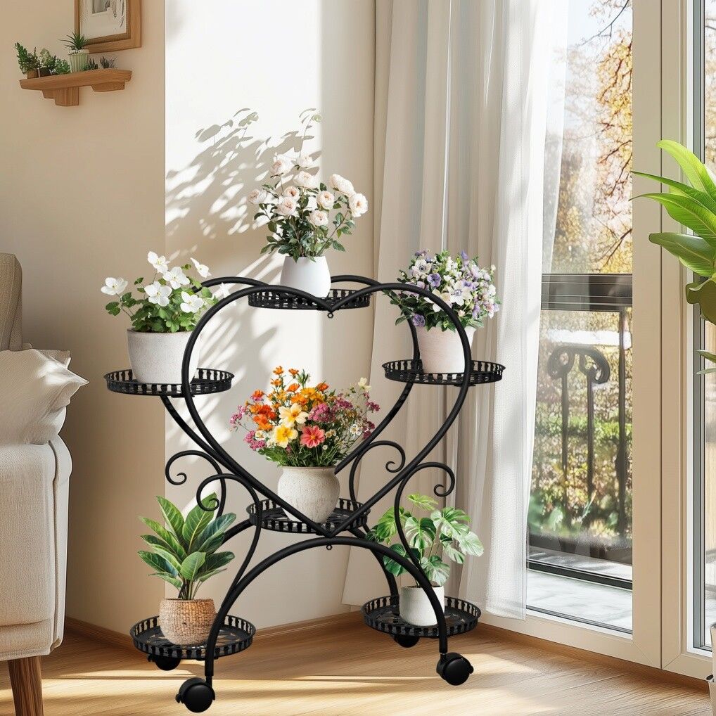 Rolling Metal Plant Stand | Indoor & Outdoor Garden Display Shelf on Wheels