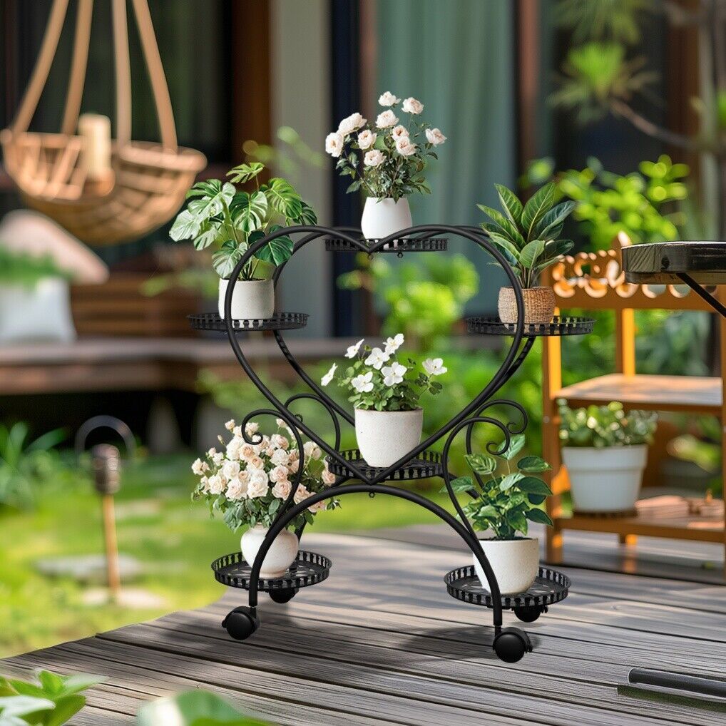 Rolling Metal Plant Stand | Indoor & Outdoor Garden Display Shelf on Wheels