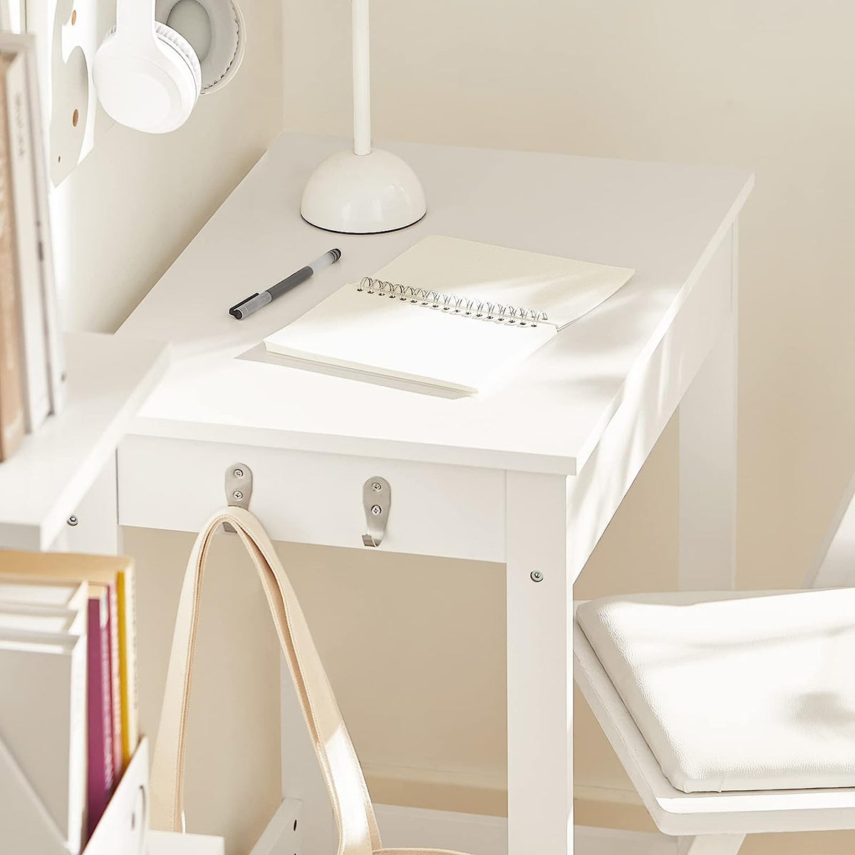 Small White Desk with Drawer & Hooks