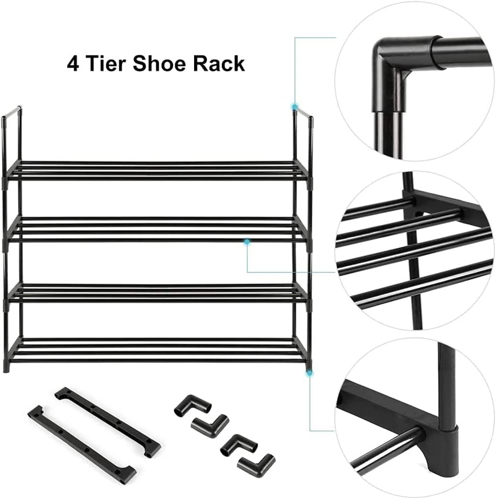 4-Tier Stainless Steel Shoe Rack Storage Organizer | Holds up to 15 Pairs of Shoes | 55cm, Black