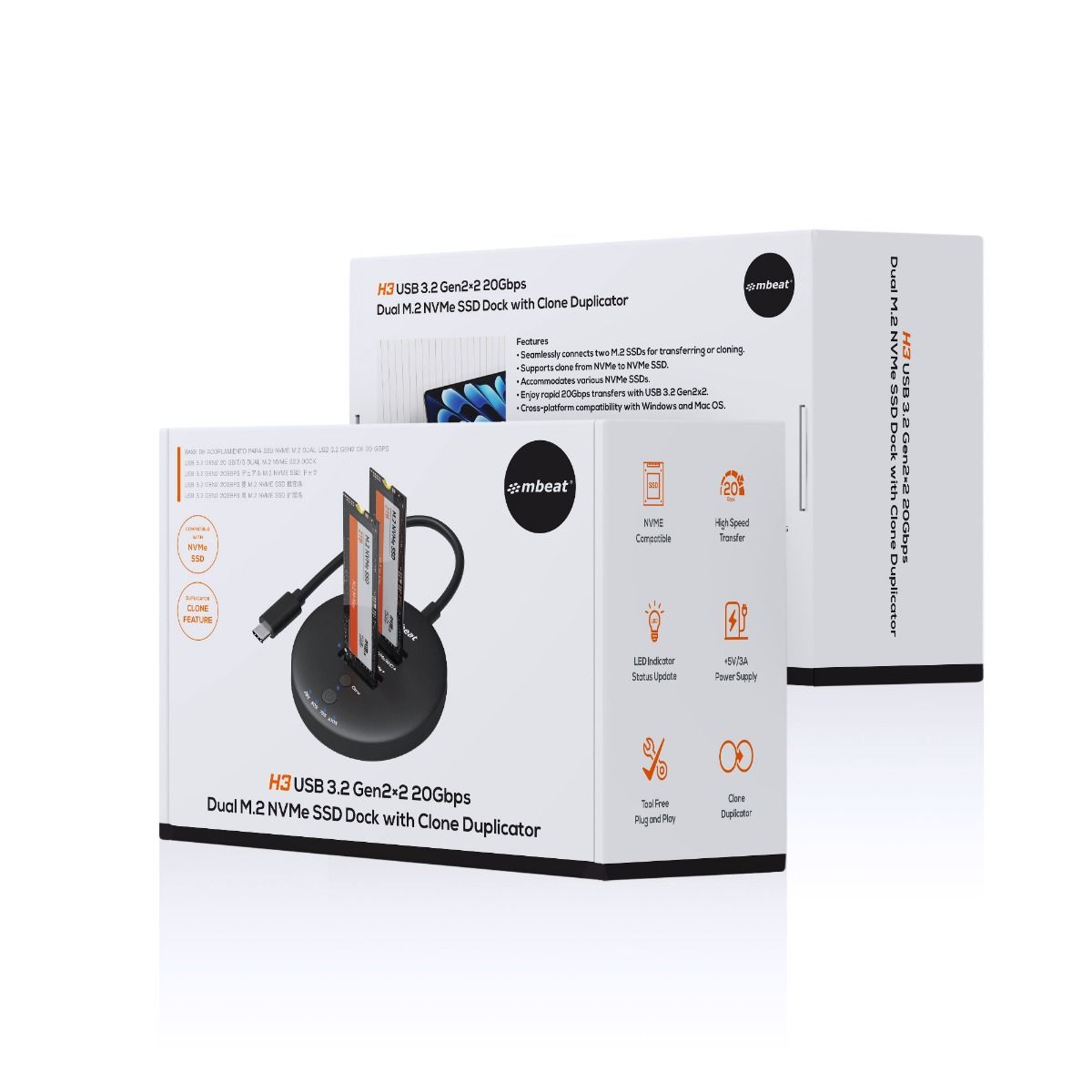 H3 USB 3.2 Gen2x2 20Gbps Dual M.2 NVMe SSD Dock with Clone Duplicator | Black | High-Performance