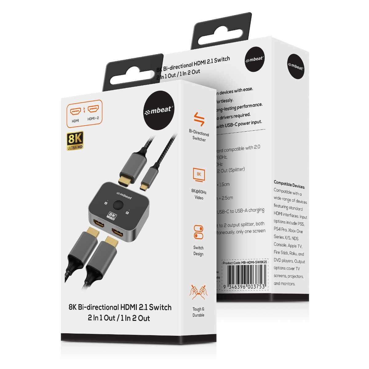 8K Bi-Directional HDMI 2.1 Switch | 2 In 1 Out / 1 In 2 Out | High-Speed Signal Transfer