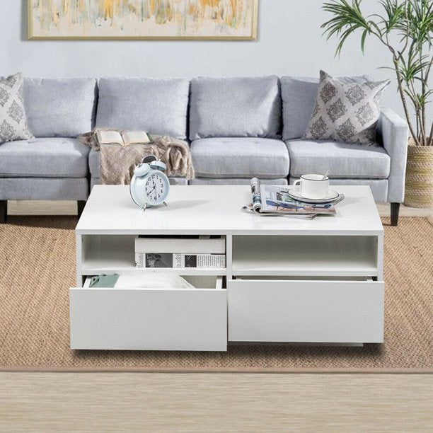 High Gloss White LED Coffee Table | 4 Drawers | Modern & Sleek