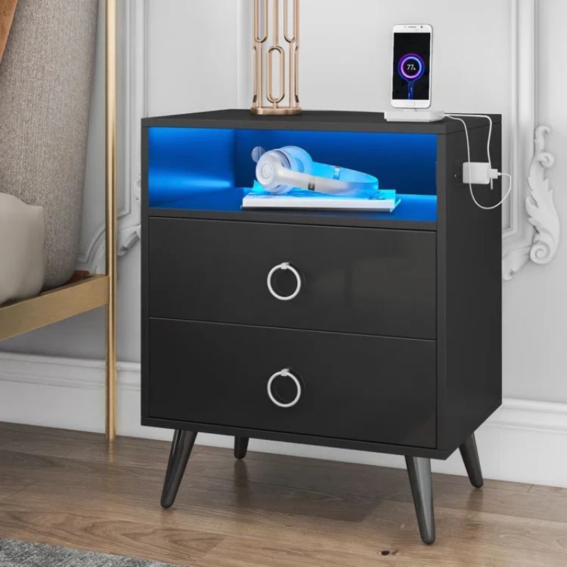 Amelia Modern LED Bedside Table with USB and Power Socket | Black
