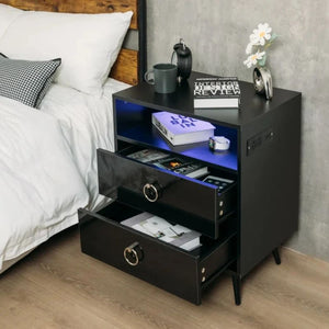 Amelia Modern LED Bedside Table with USB and Power Socket | Black