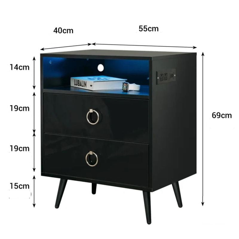 Amelia Modern LED Bedside Table with USB and Power Socket | Black