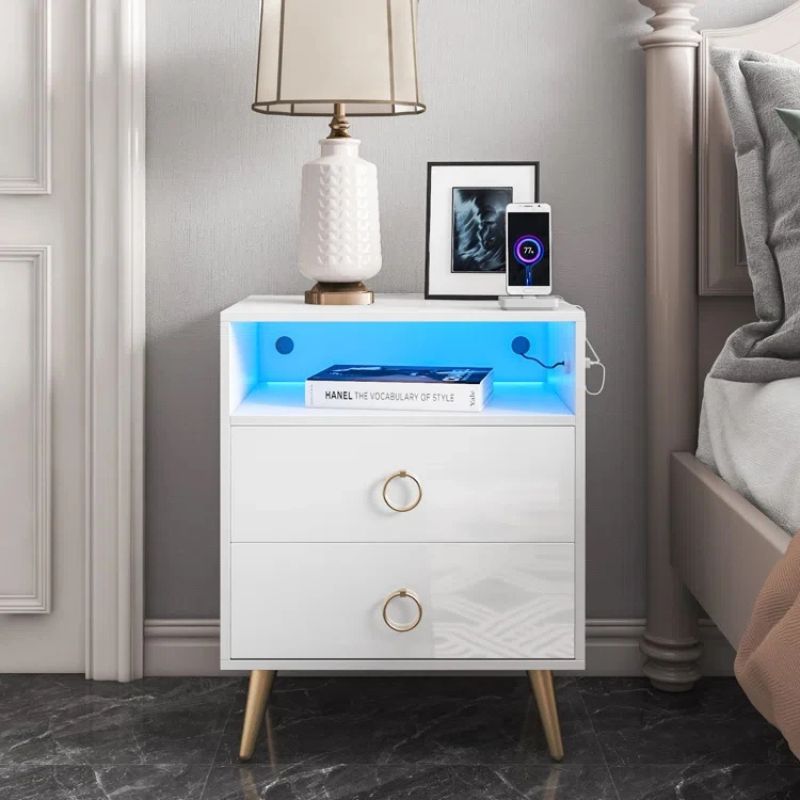 Amelia Modern LED Bedside Table with USB and Power Socket | White