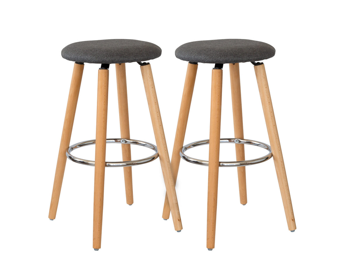 2 Cotton/Steel Modern Padded Barstools | Grey/Wood