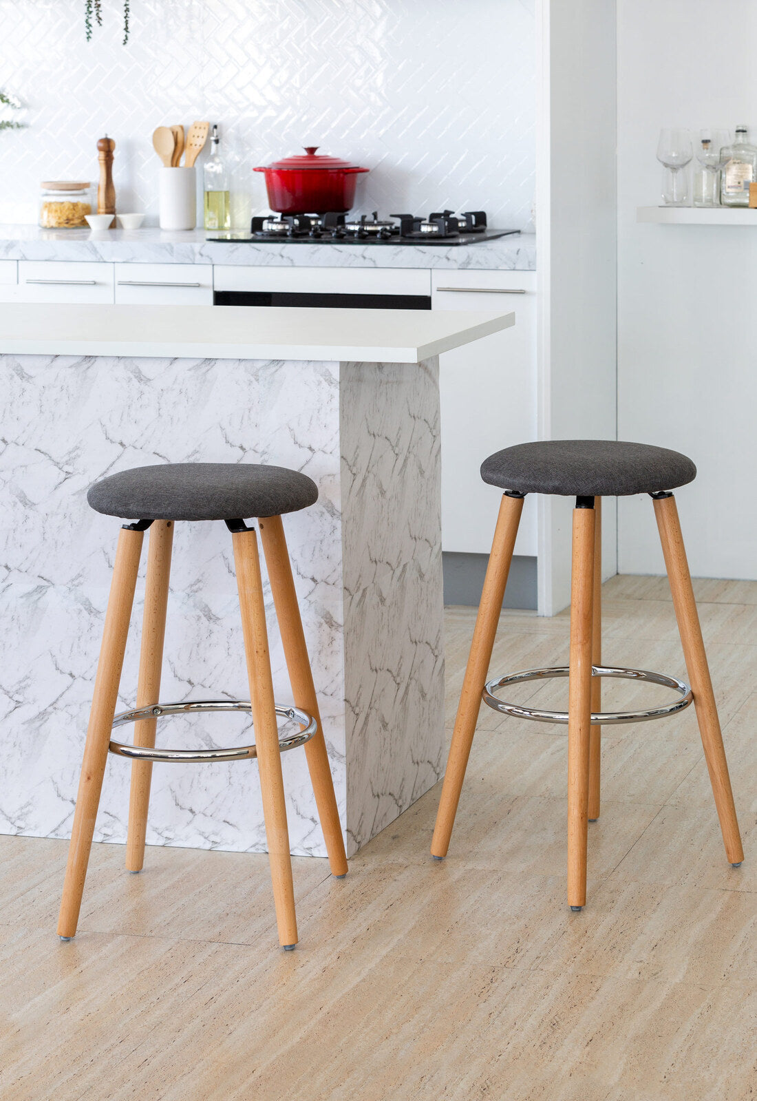 2 Cotton/Steel Modern Padded Barstools | Grey/Wood