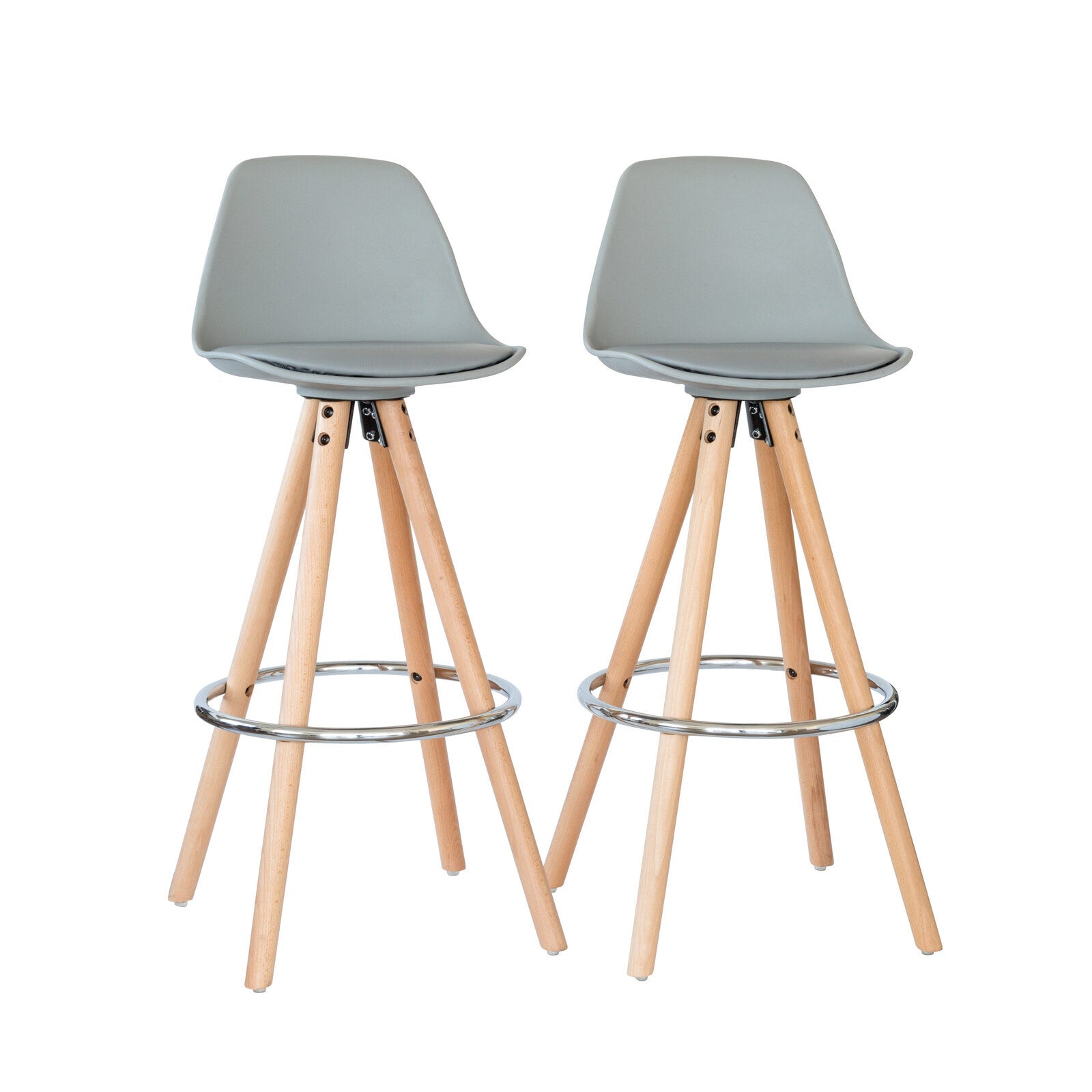 2 PU Leather Padded Barstools | Light Grey/Wood | Metal Footrest