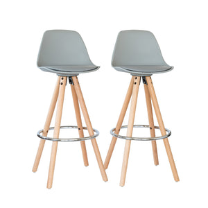 2 PU Leather Padded Barstools | Light Grey/Wood | Metal Footrest
