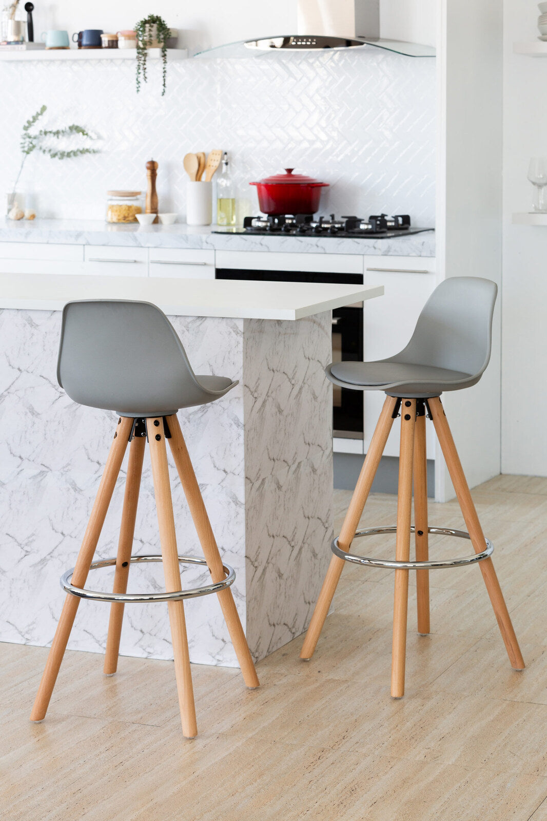 2 PU Leather Padded Barstools | Light Grey/Wood | Metal Footrest