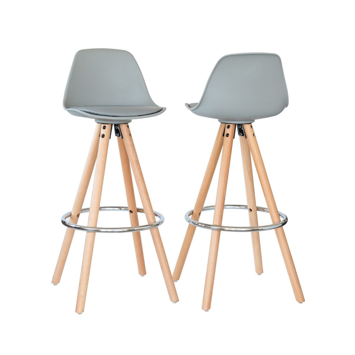 2 PU Leather Padded Barstools | Light Grey/Wood | Metal Footrest