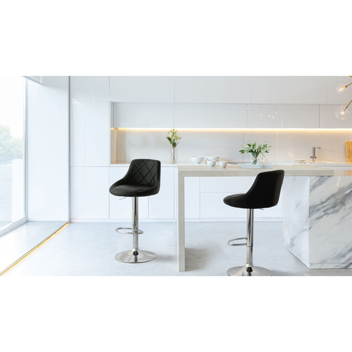 2 Diamond Style Padded Leather Barstools | Black | Adjustable Height