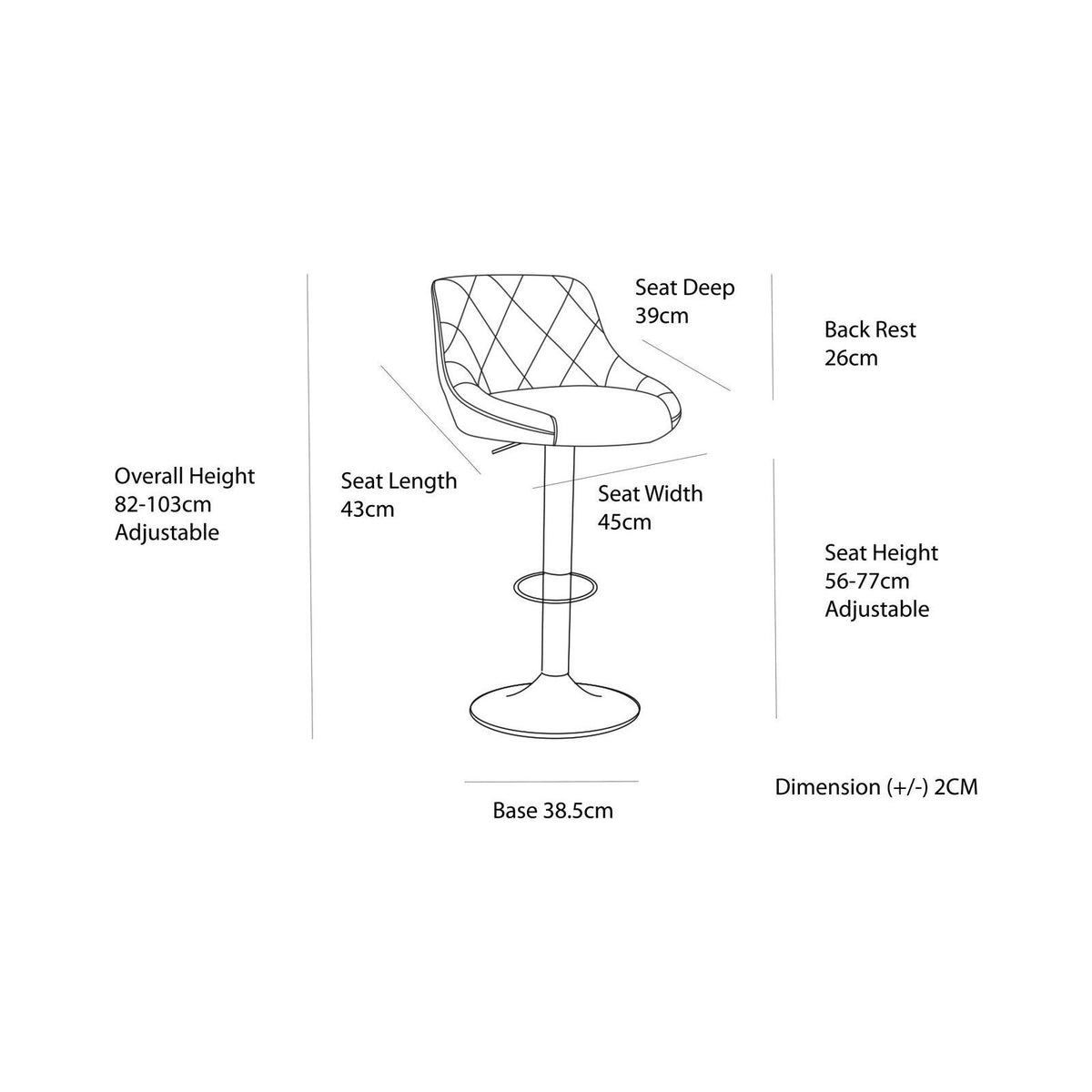 2 Diamond Style Padded Leather Barstools | Black | Adjustable Height