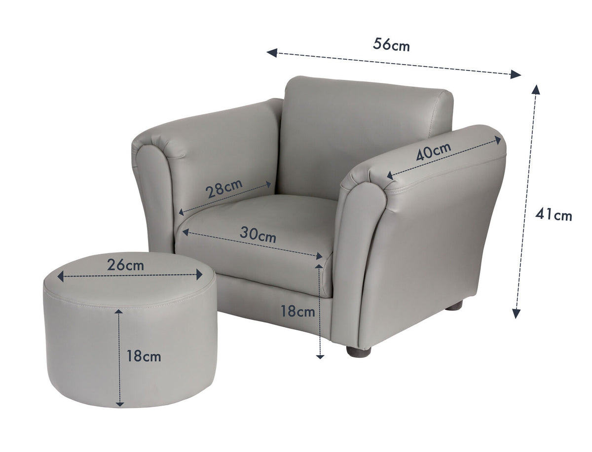 Kids Grey Couch Sofa Chair | with Footstool | PU Leather