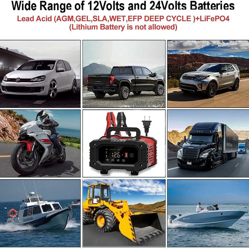 12V 20A/24V 10A Smart Car Battery Charger | For Lead Acid | LiFePo4 | AGM Moto Battery
