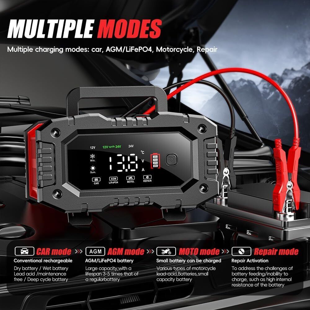 12V 20A/24V 10A Smart Car Battery Charger | For Lead Acid | LiFePo4 | AGM Moto Battery