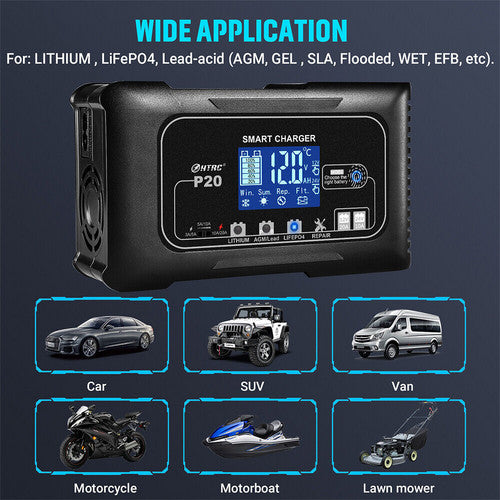 12/24V Automatic Car Battery Charger | For Lithium, LiFePO4, Lead-Acid, AGM/Gel/SLA
