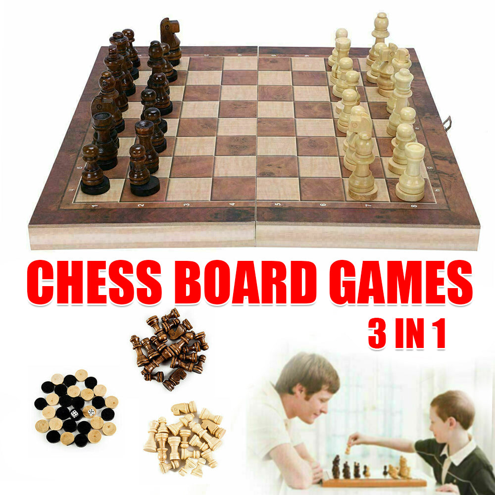 3-in-1 Wooden Chess Set | Folding Chessboard | Wood Pieces | Draughts | Backgammon Toy