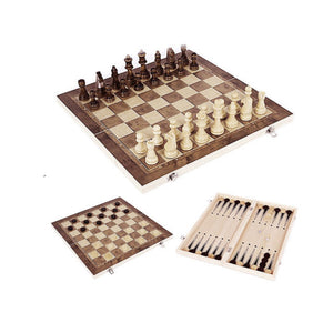 3-in-1 Wooden Chess Set | Folding Chessboard | Wood Pieces | Draughts | Backgammon Toy