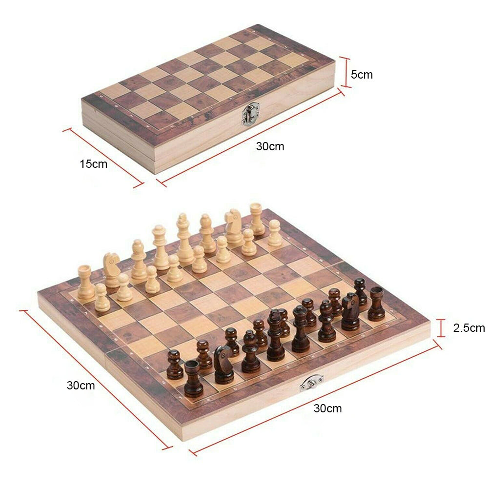 3-in-1 Wooden Chess Set | Folding Chessboard | Wood Pieces | Draughts | Backgammon Toy