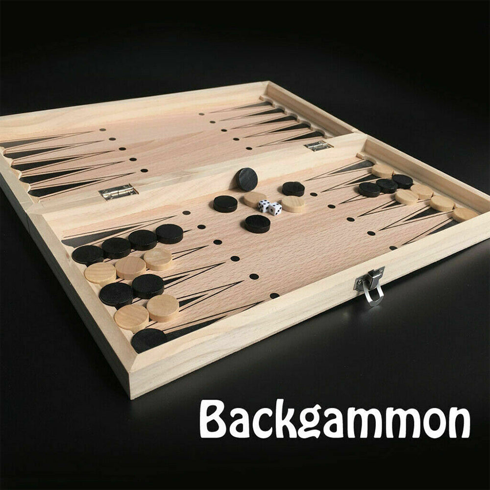 3-in-1 Wooden Chess Set | Folding Chessboard | Wood Pieces | Draughts | Backgammon Toy