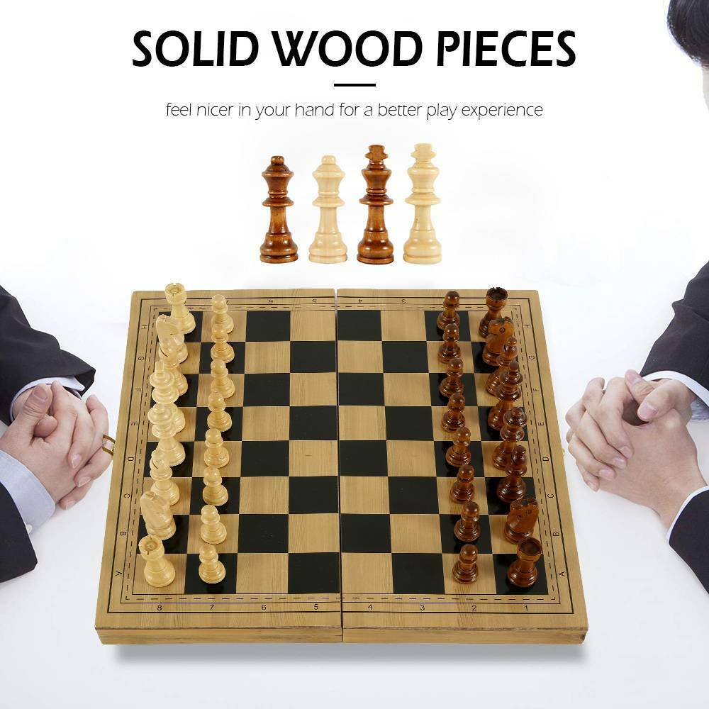 3-in-1 Wooden Chess Set | Folding Chessboard | Wood Pieces | Draughts | Backgammon Toy