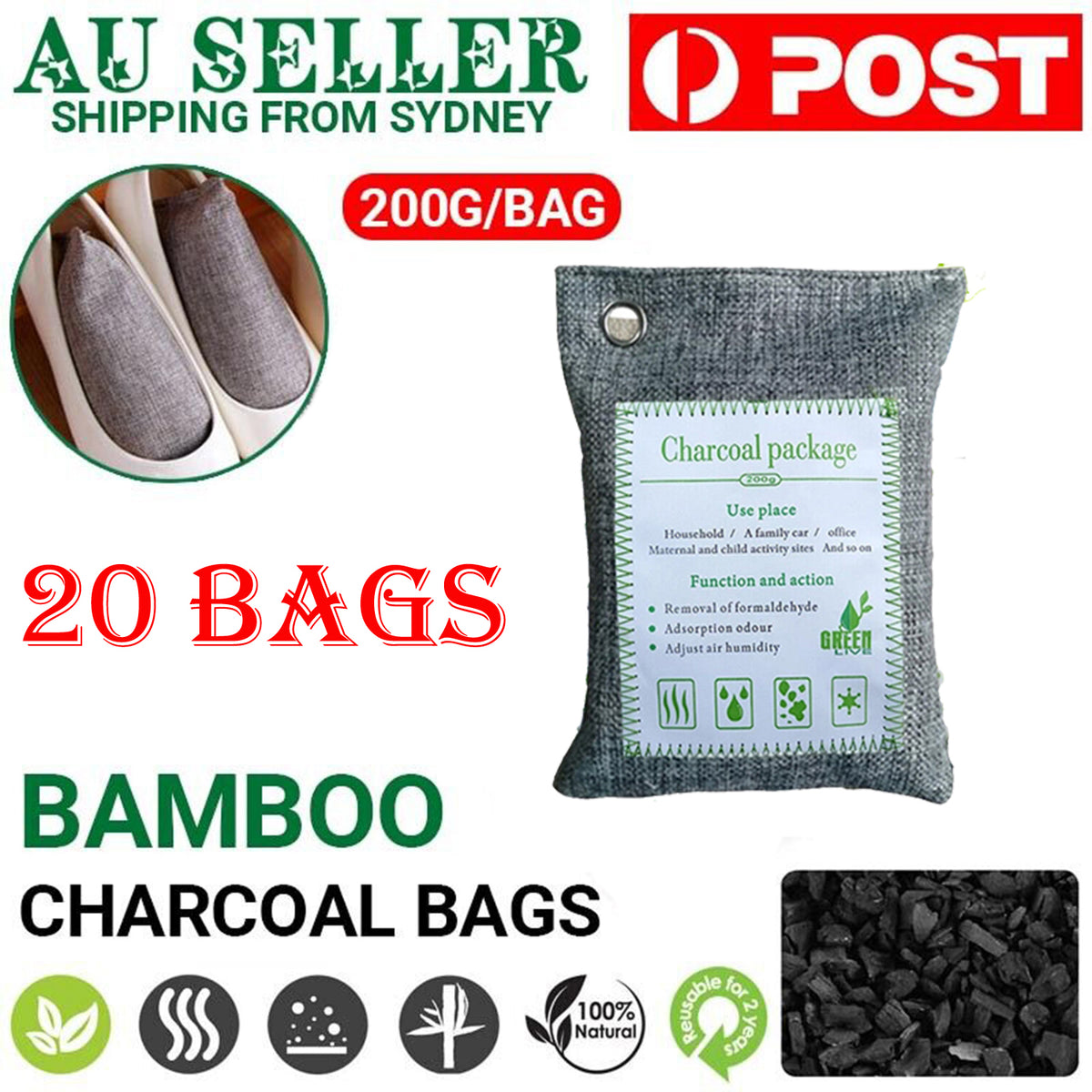 20PCS Air Purifying Bags | Activated Bamboo Charcoal Freshener | For Car, Home, Shoes | 200g
