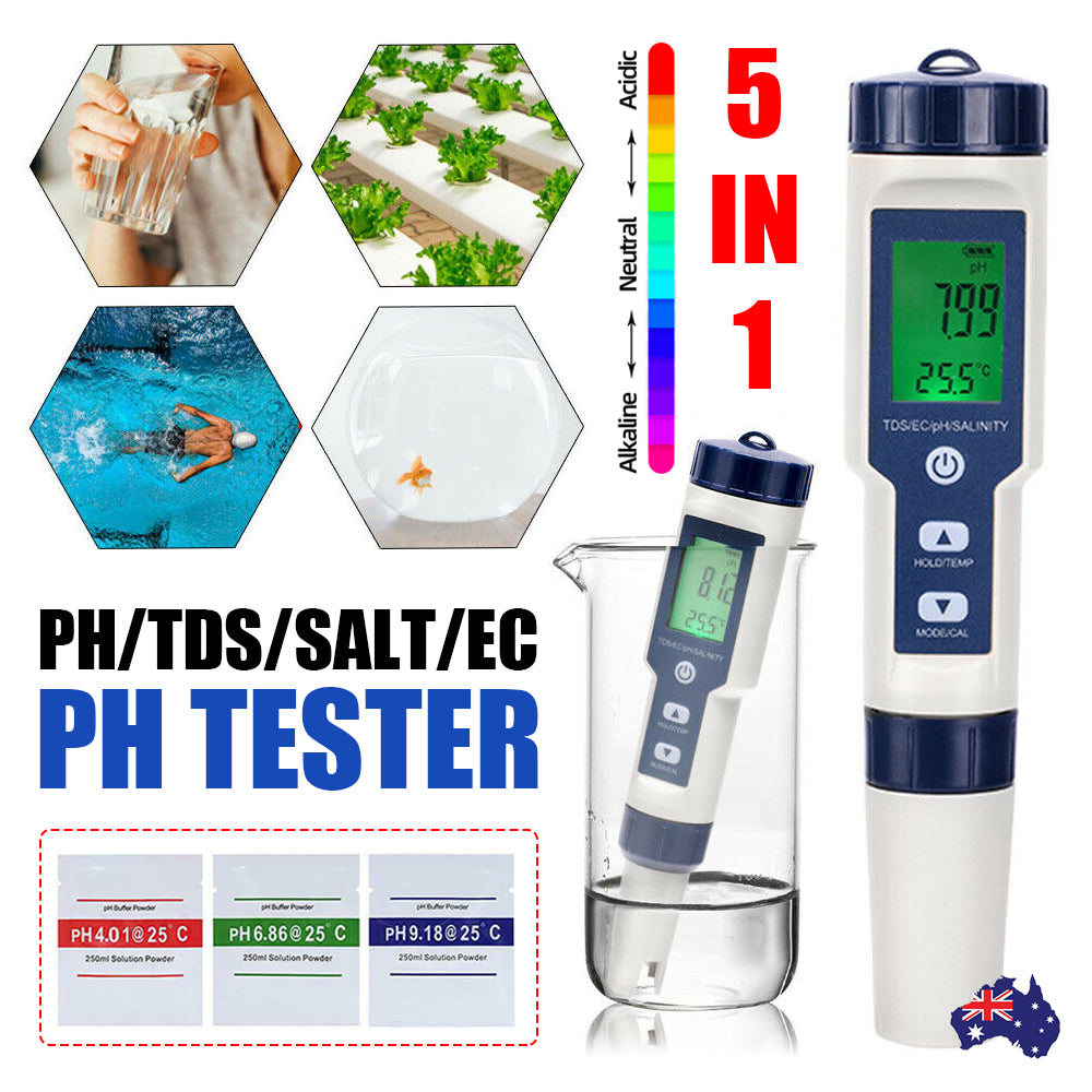 5-IN-1 Digital Water Quality Tester | Waterproof pH TDS EC Temperature Meter | Pool