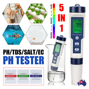 5-IN-1 Digital Water Quality Tester | Waterproof pH TDS EC Temperature Meter | Pool