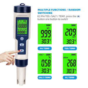 5-IN-1 Digital Water Quality Tester | Waterproof pH TDS EC Temperature Meter | Pool
