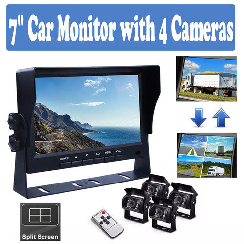4-Channel Split 7" Screen Monitor | w/ 4 Reversing Camera Kit | For Truck Trailer Bus
