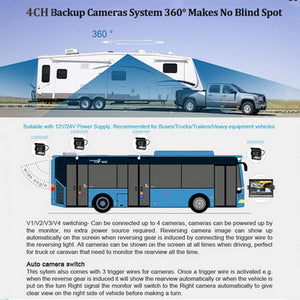 4-Channel Split 7" Screen Monitor | w/ 4 Reversing Camera Kit | For Truck Trailer Bus