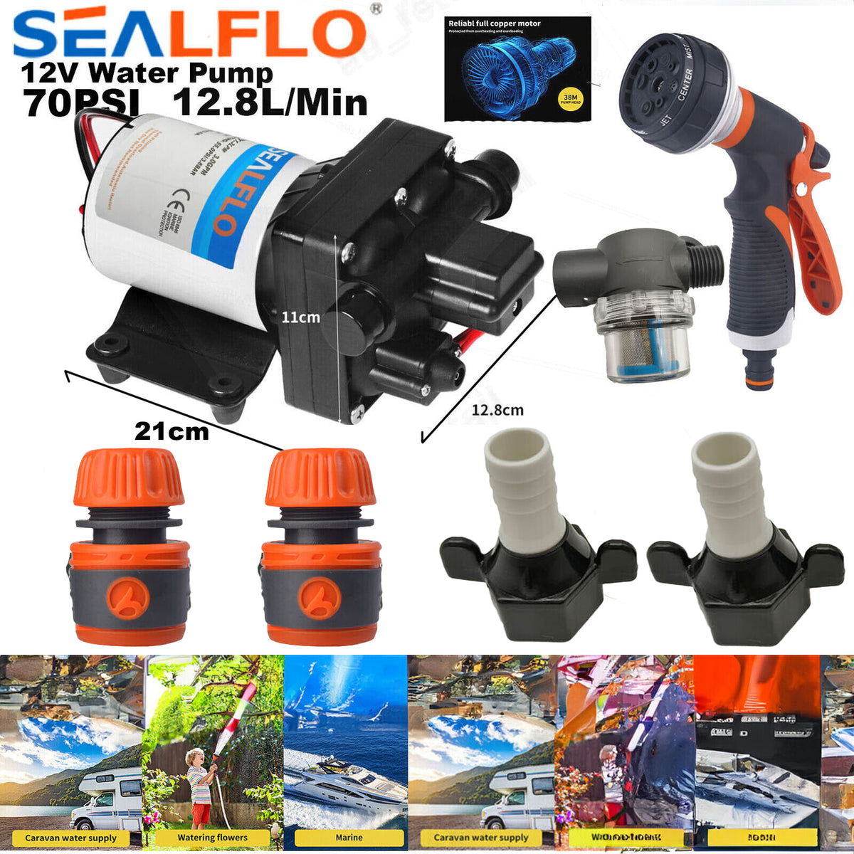 12V SEALFLO Water Pump | High Pressure Self-Priming | RV | Camping | Boat | 70PSI 11.3L/M
