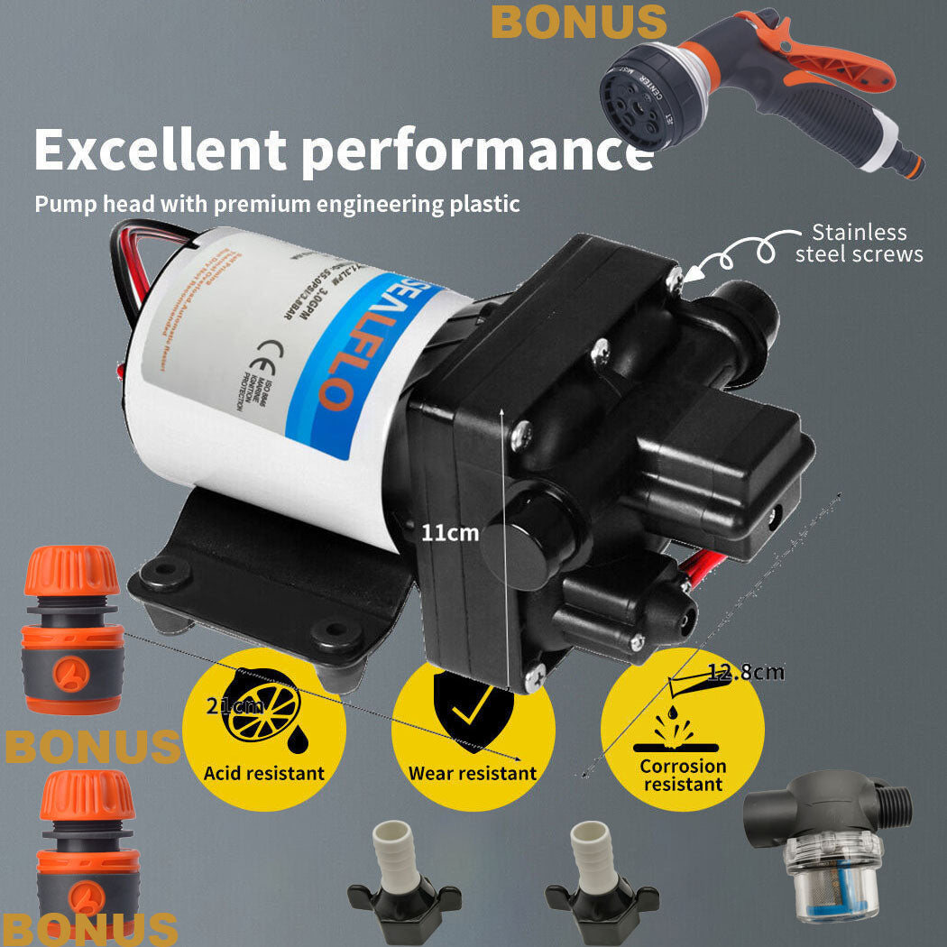 12V SEALFLO Water Pump | High Pressure Self-Priming | RV | Camping | Boat | 70PSI 11.3L/M