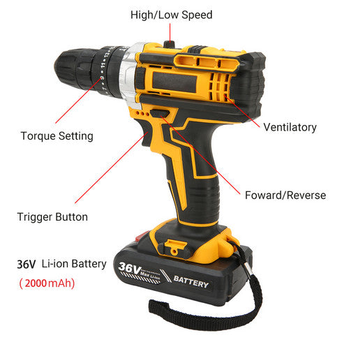 36VF BRUSHLESS HEAVY DUTY CORDLESS DRILL IMPACT DRIVER KIT | Hammer | +2 BATTERY | Box