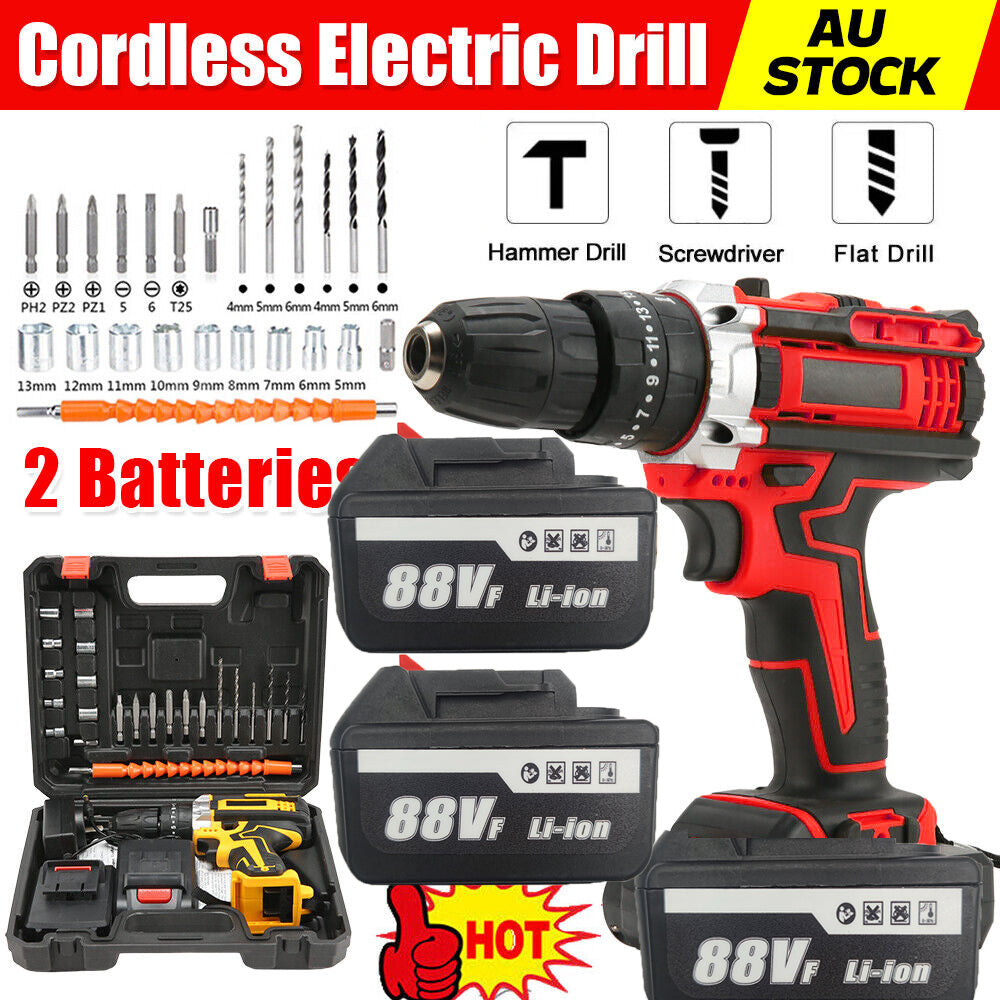 Cordless Drill with 2 Battery | Heavy Duty Impact Driver Kit | Brushless Hammer Set | 88V