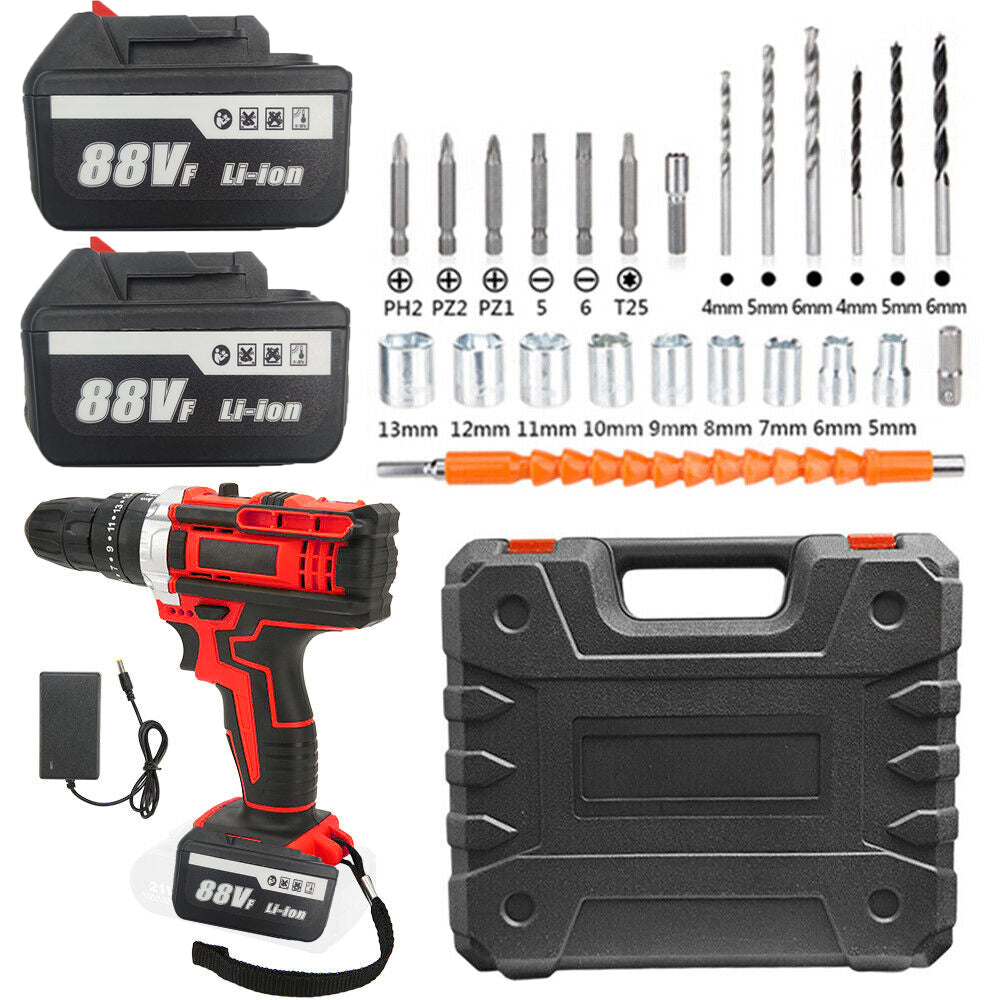 Cordless Drill with 2 Battery | Heavy Duty Impact Driver Kit | Brushless Hammer Set | 88V
