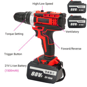 Cordless Drill with 2 Battery | Heavy Duty Impact Driver Kit | Brushless Hammer Set | 88V