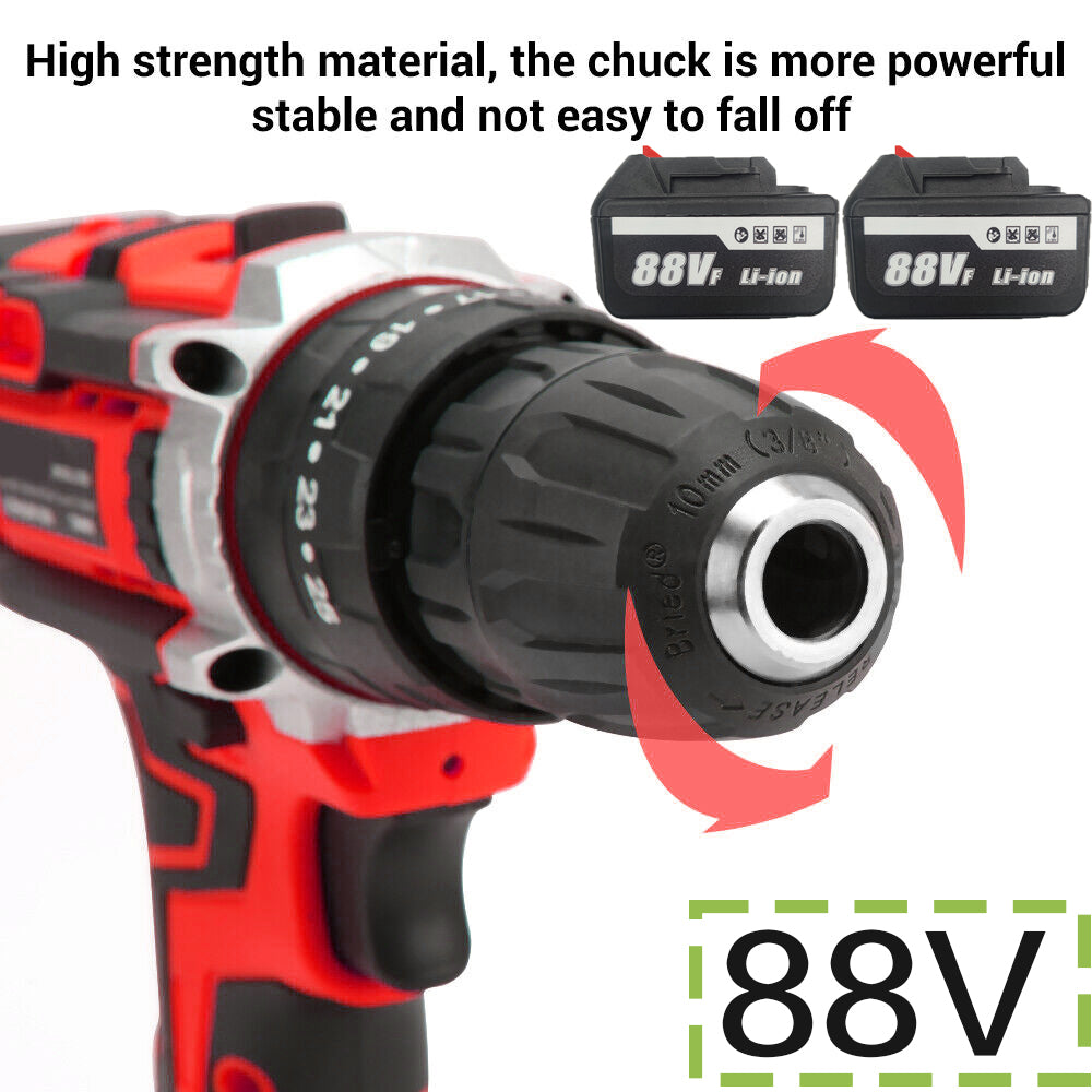 Cordless Drill with 2 Battery | Heavy Duty Impact Driver Kit | Brushless Hammer Set | 88V