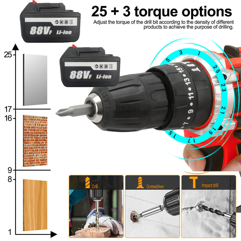Cordless Drill with 2 Battery | Heavy Duty Impact Driver Kit | Brushless Hammer Set | 88V