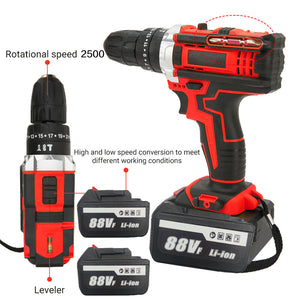 Cordless Drill with 2 Battery | Heavy Duty Impact Driver Kit | Brushless Hammer Set | 88V