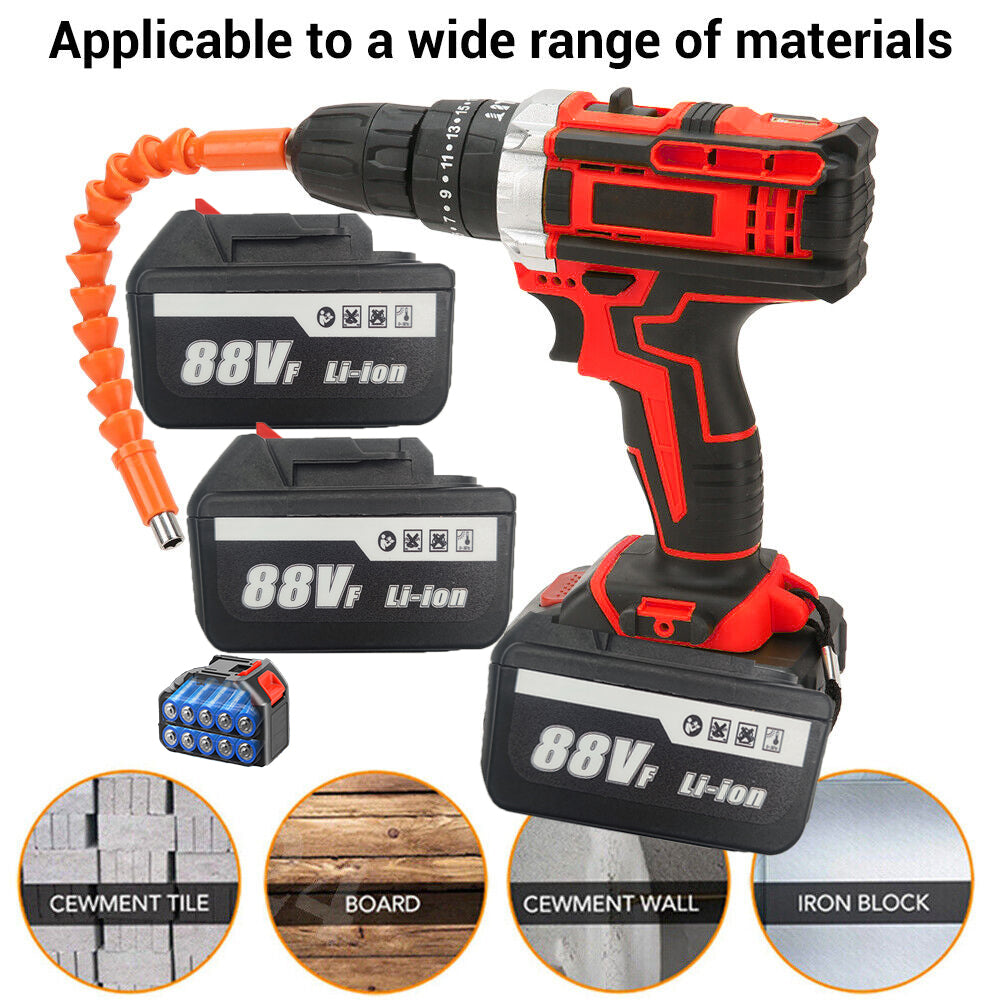 Cordless Drill with 2 Battery | Heavy Duty Impact Driver Kit | Brushless Hammer Set | 88V