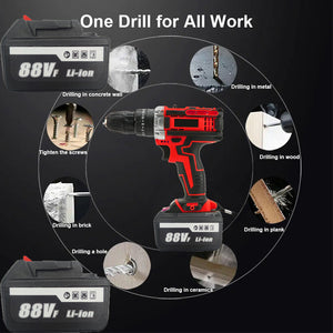 Cordless Drill with 2 Battery | Heavy Duty Impact Driver Kit | Brushless Hammer Set | 88V