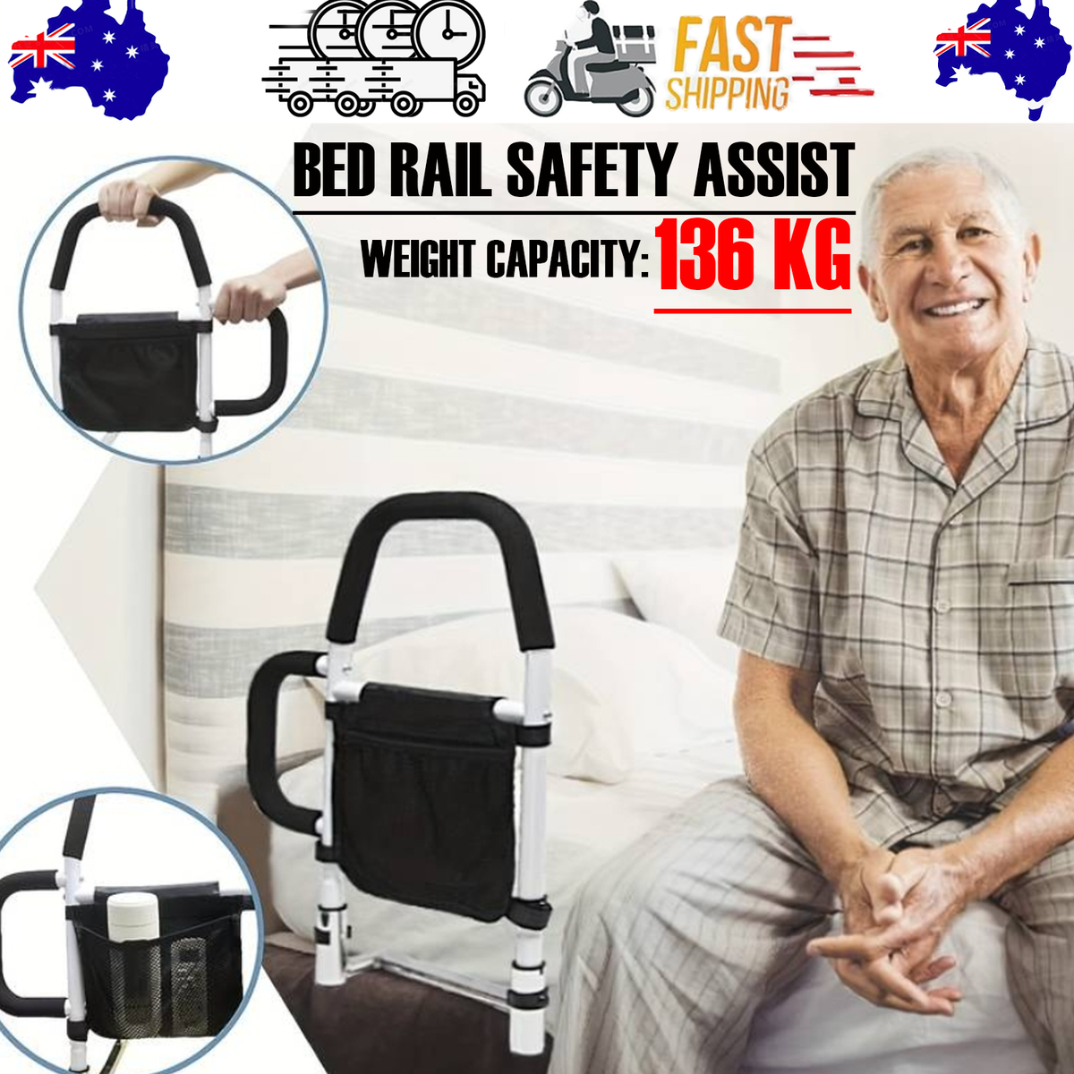 Bed Rail Safety Assist Rail | For Elderly Adults | With Storage Pocket & Fixing Strap