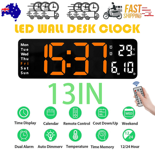 13" Orange Large Digital LED Wall Clock | Temperature Calendar Display